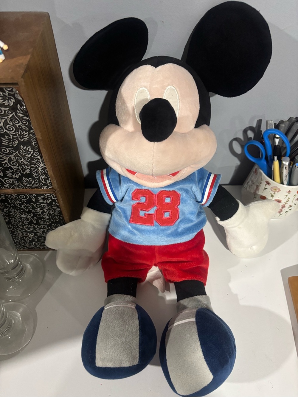 Plush Mickey mous Character Toy in Black, Blue & Red Sports Outfit